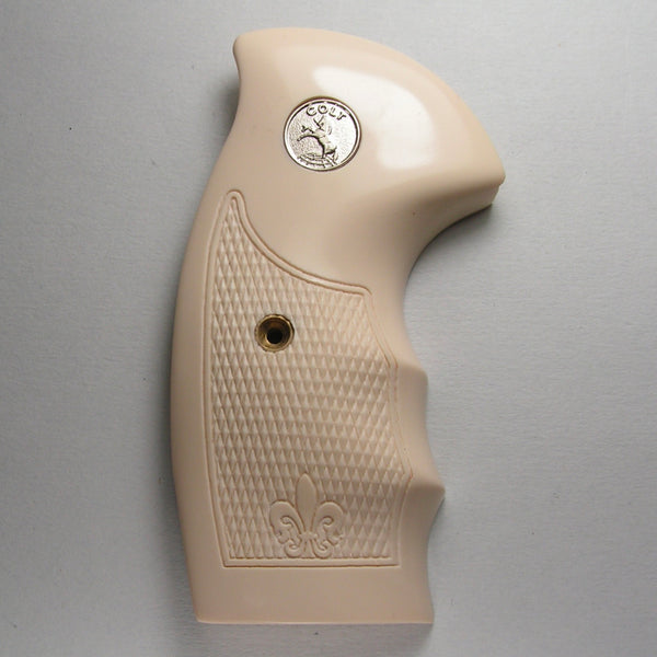 Colt D-Frame Oversized Checkered with Finger Grooves Simulated Ivory Pistol Grips (Medallions Extra)