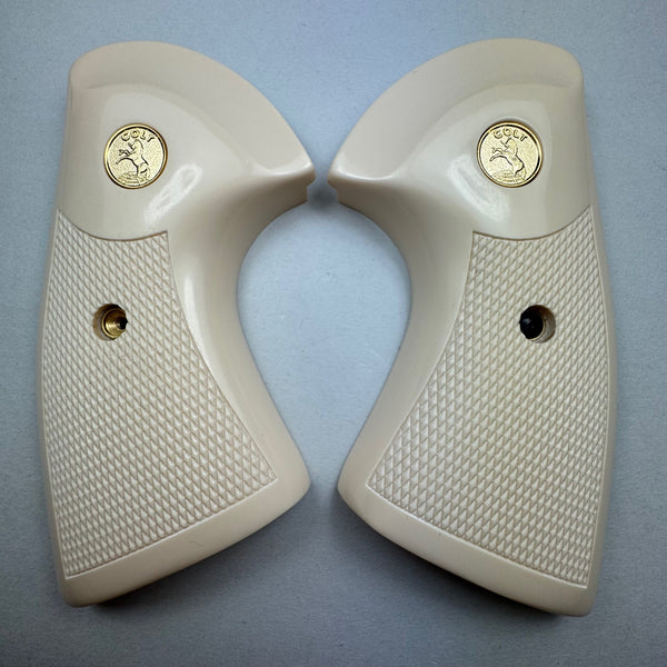 Colt Python or Anaconda Checkered Oversized Simulated Ivory Pistol Grips with Gold Medallions