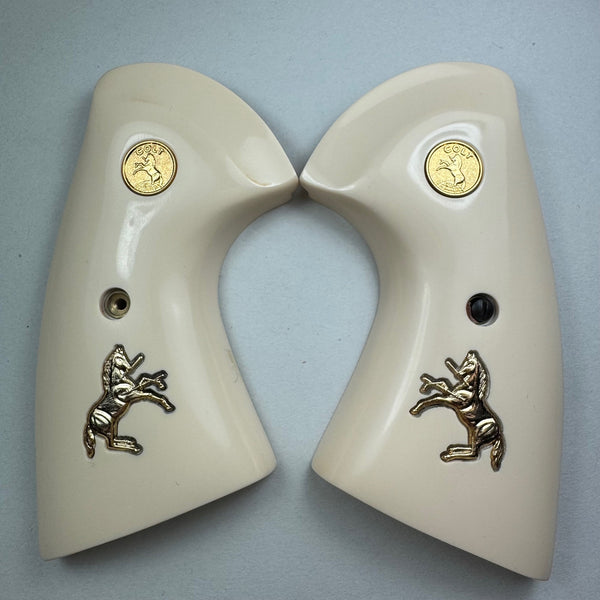 Colt Python or Anaconda Oversized Simulated Ivory Pistol Grips with Gold Medallions and Rampart Horses