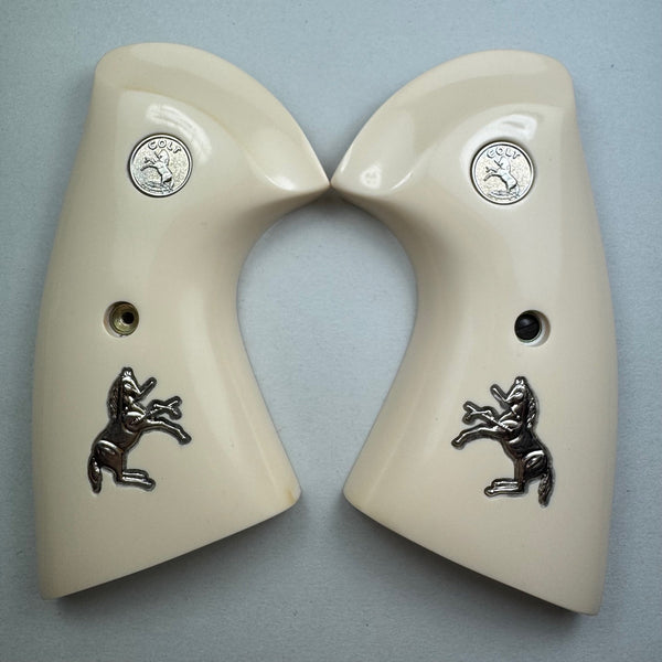 Colt Python or Anaconda Oversized Simulated Ivory Pistol Grips with Silver Medallions and Rampart Horses