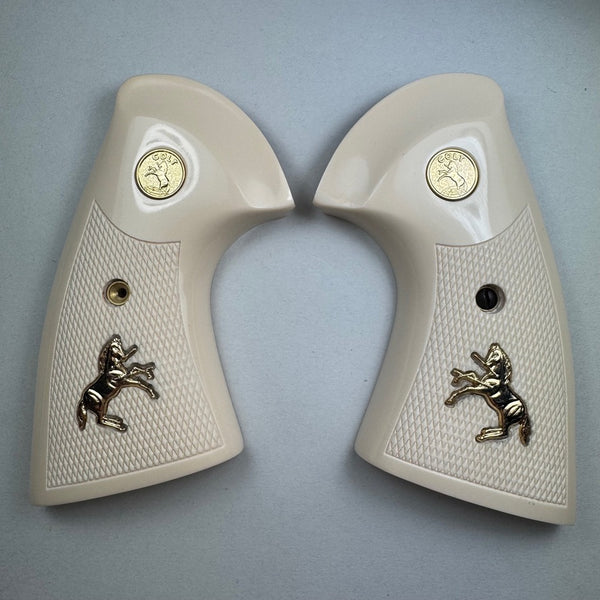Colt Python or Anaconda Checkered Oversized Simulated Ivory Pistol Grips with Gold Medallions and Rampart Horses