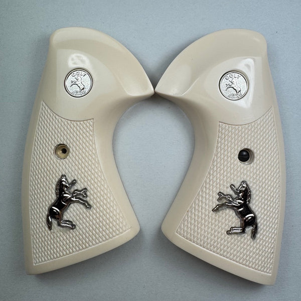Colt Python or Anaconda Checkered Oversized Simulated Ivory Pistol Grips with Silver Medallions and Rampart Horses