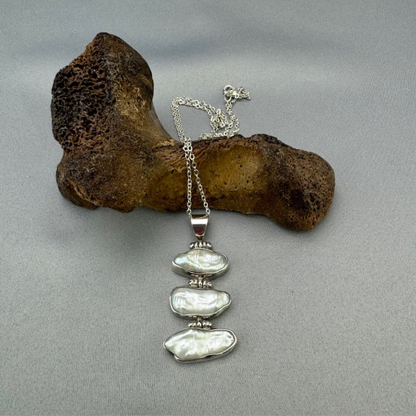 Sterling Silver 3 Tier Biwa Pearl Necklace - 36