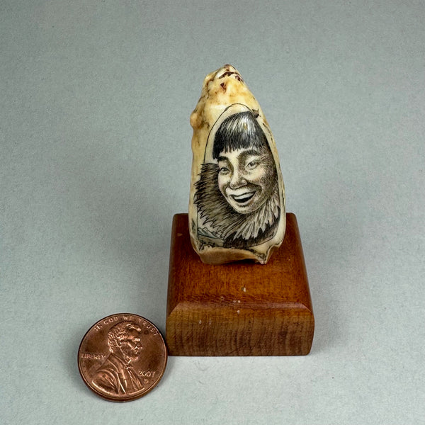 Vintage Scrimshaw Fossil Walrus Tooth Native Alaskan Boy by David Adams