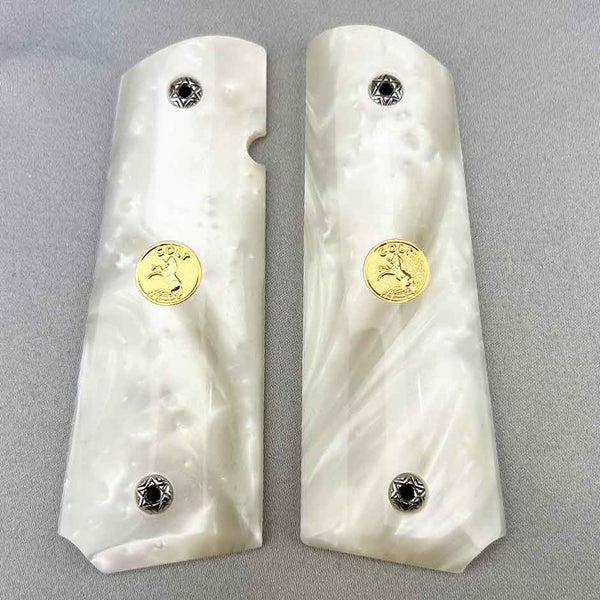 Simulated White Pearl 1911 Standard Grips W/ Gold Colt