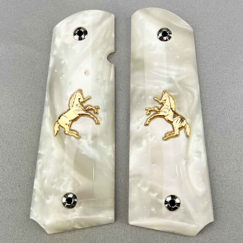 Simulated White Pearl 1911 Standard Grips W/ Gold Colt