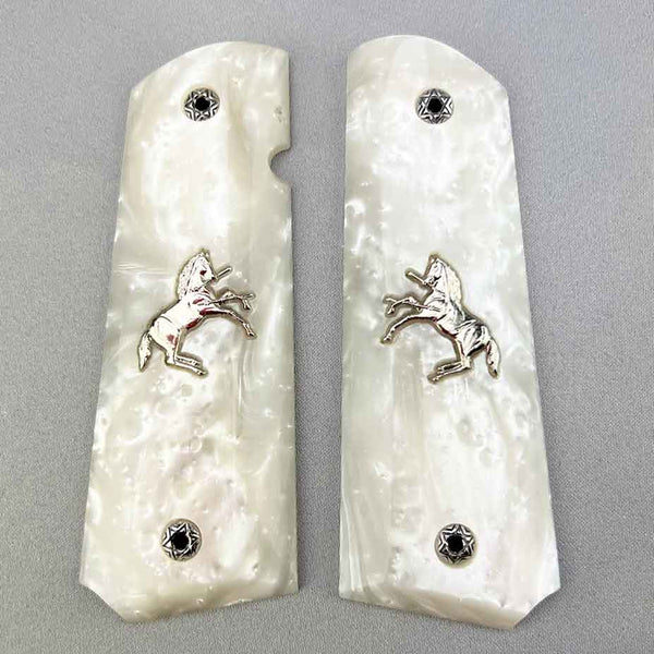 Simulated White Pearl 1911 Standard Grips W/ Silver Rampart Horse Emblem