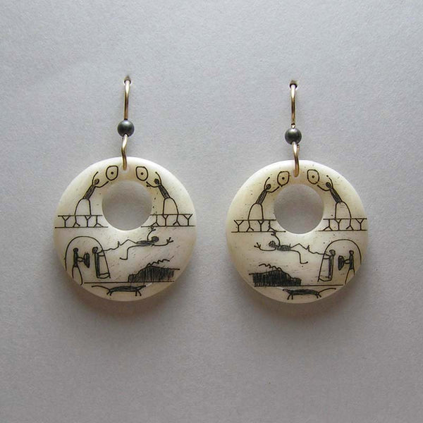 Scrimshawed Bone Hoop Earrings with Eskimo Pictographs