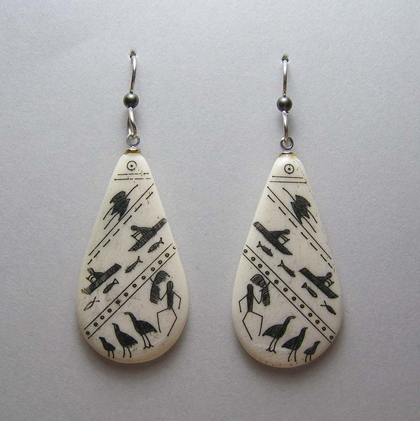 Scrimshawed Bone Teardrop Earrings with Eskimo Pictographs (Birds)