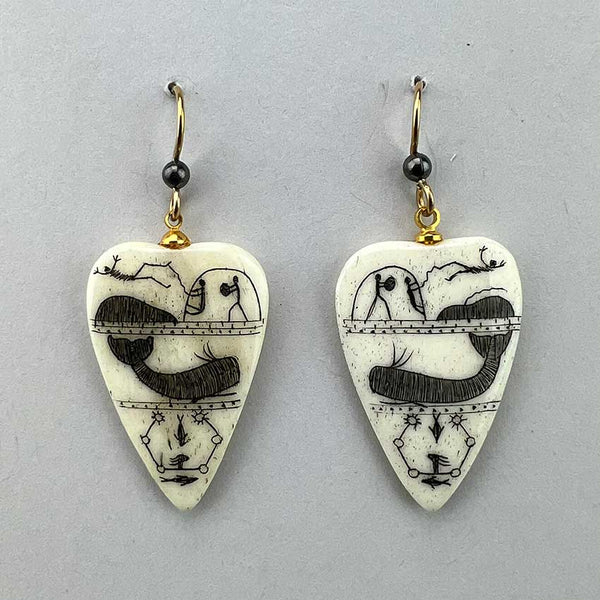 Scrimshawed Bone Teardrop Earrings with Eskimo Pictograph Blanket Toss