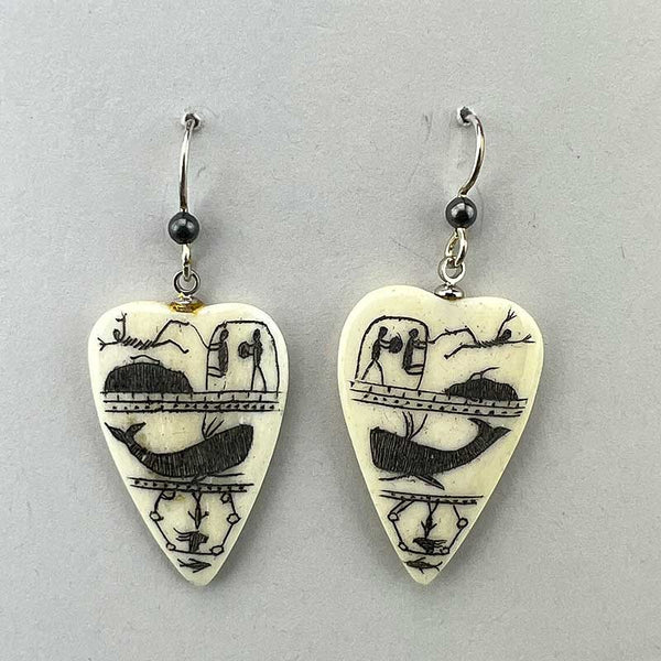 Scrimshawed Bone Teardrop Earrings with Eskimo Pictograph Blanket Toss