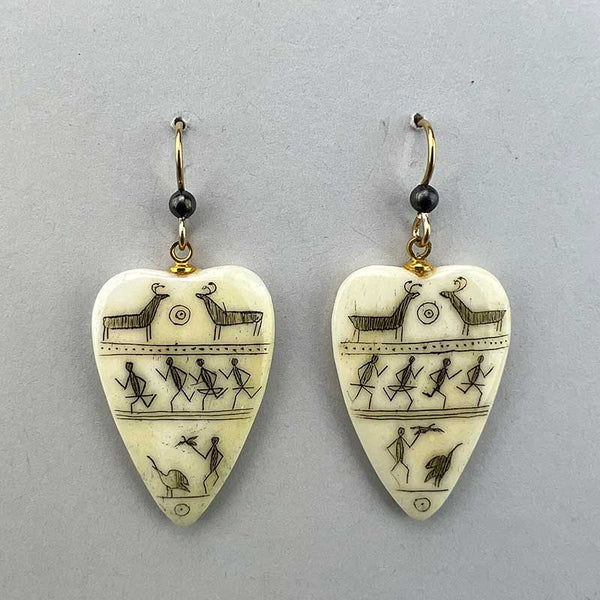 Scrimshawed Bone Heart Earrings with Eskimo Pictograph Caribou (GF)