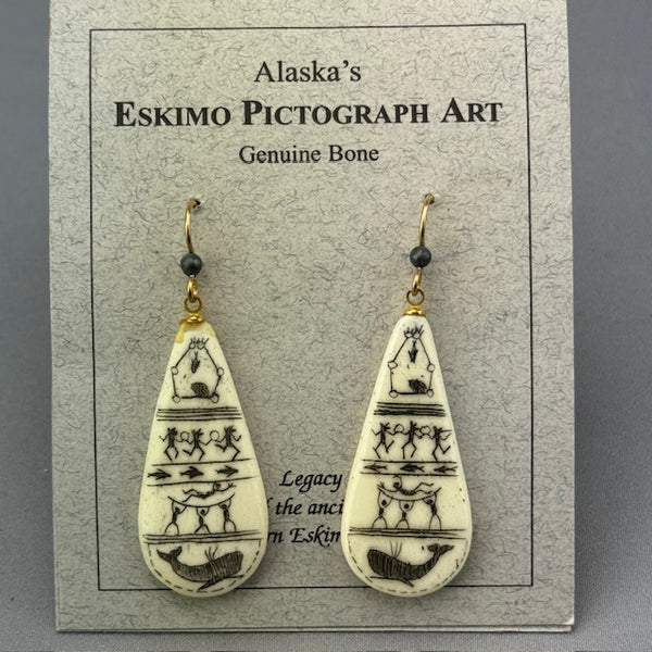 Scrimshawed Bone Teardrop Earrings with Eskimo Pictograph Dancers (GF)