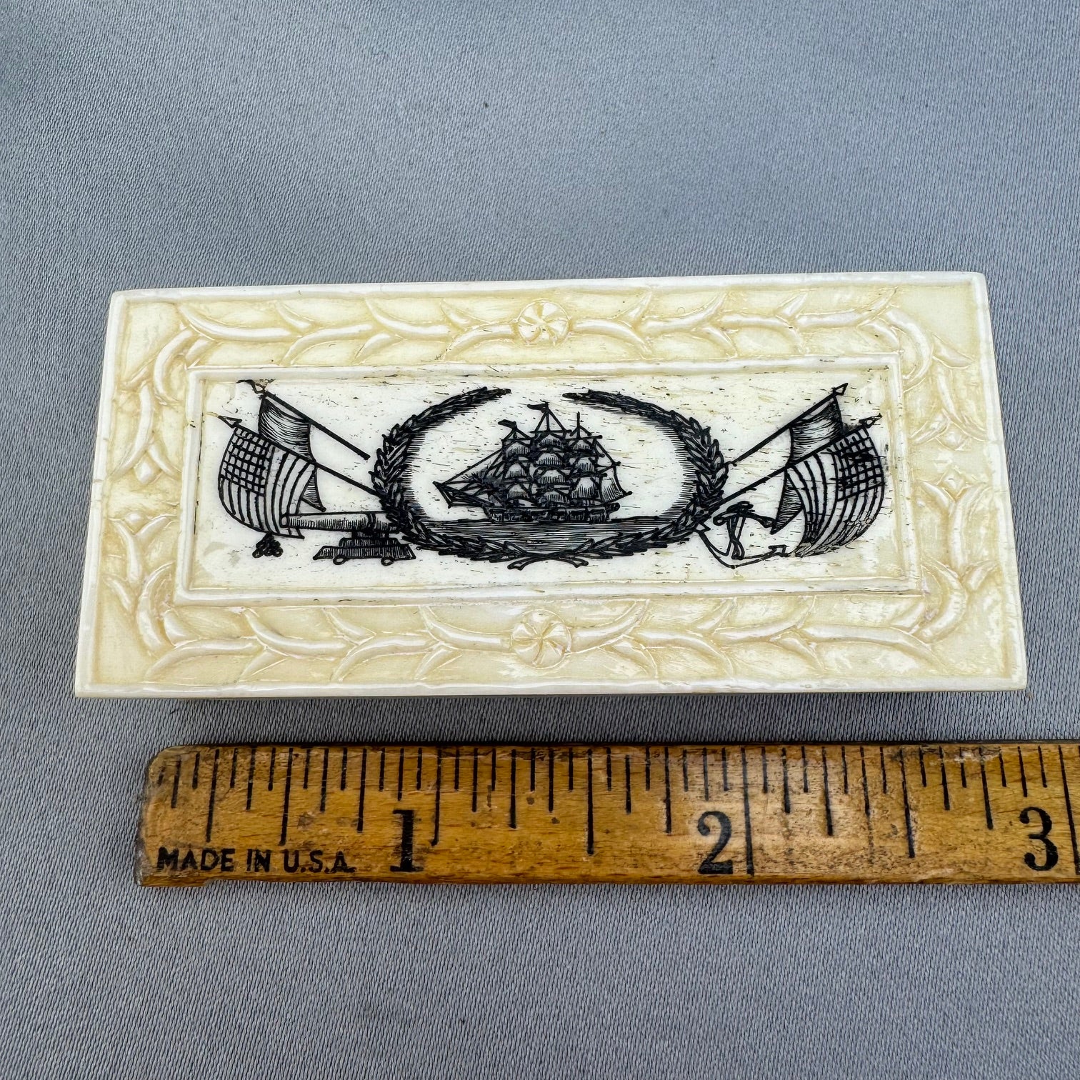Vintage Bone Box with Scrimshawed Whaling Ship 20 
