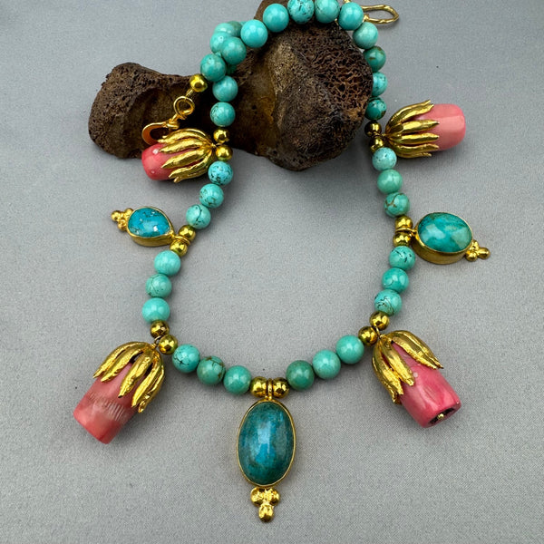 Stunning Pink Coral & Turquoise Necklace - 10