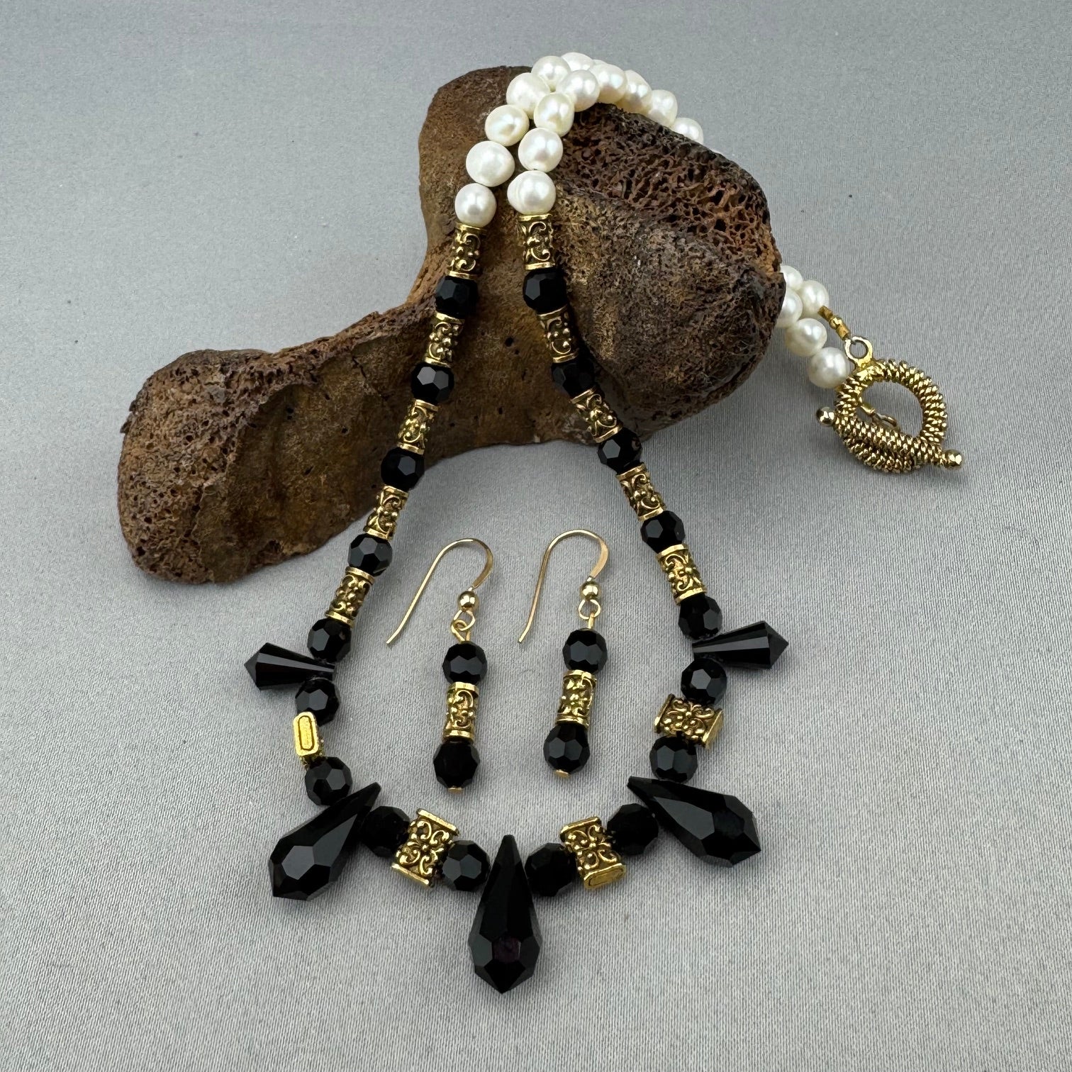 Fresh Water Pearl & Black Jet Facteted Bead Necklace - Sold 2.13.26