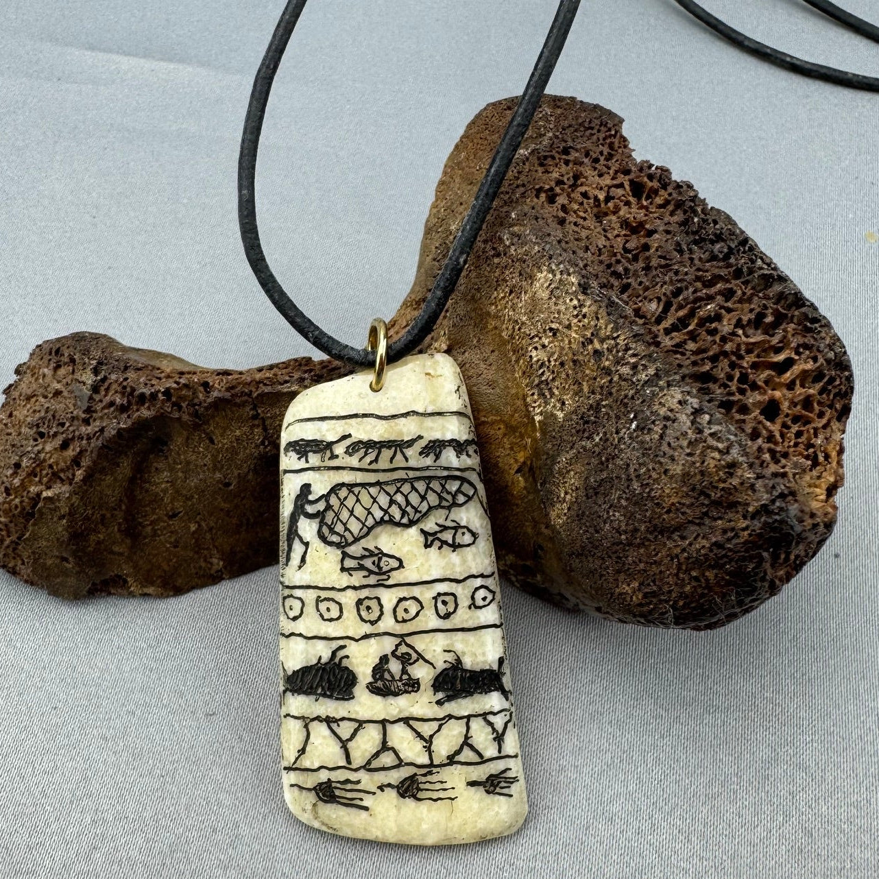 Scrimshawed Fossil Walrus Ivory Pendant w/ Pictographs - A