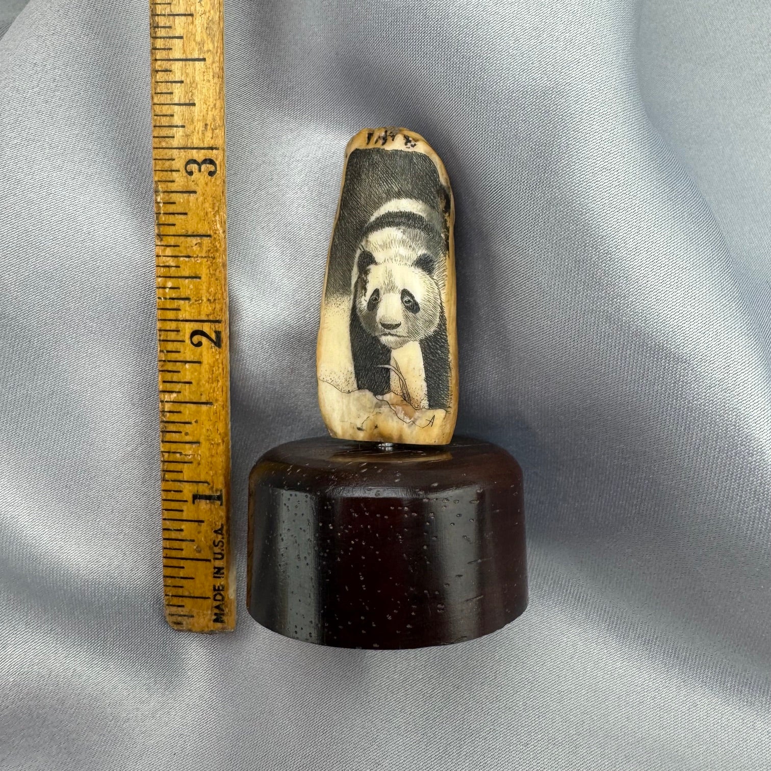 Vintage Scrimshaw Fossil Walrus Tooth Panda Bear by David Adams