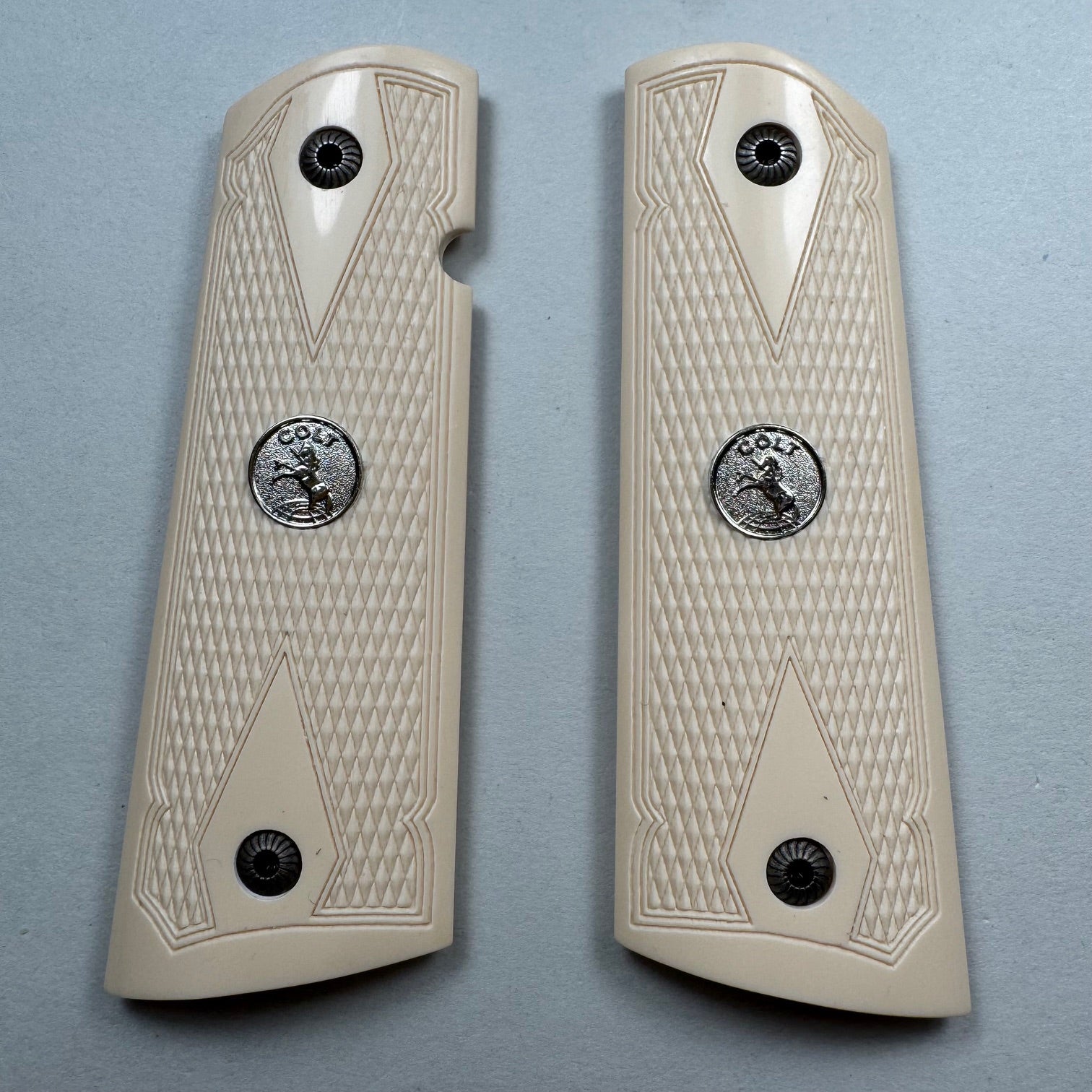1911 Simulated Ivory MAGWELL Double Diamond Checkered Pistol Grips With Colt Medallions Only