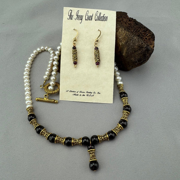 Fresh Water Pearl & Garnet Etruscan Style Necklace 06 