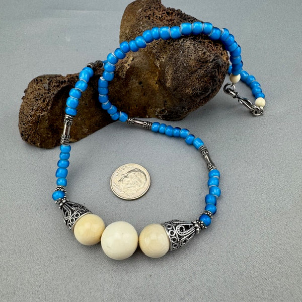 Mammoth Ivory & Vintage Blue White Heart Sterling Bead Necklace- 22