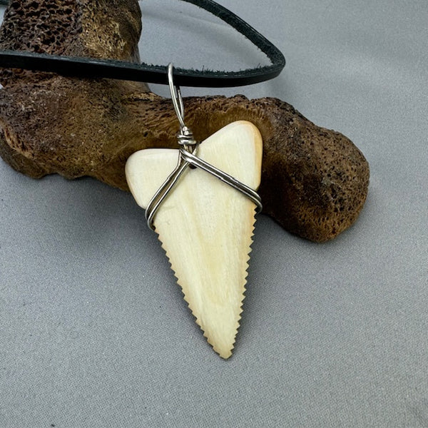 Mammoth Ivory Carved Shark Tooth Pendant SS -  04 