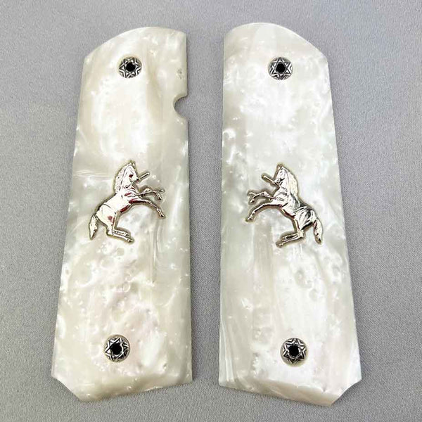 Simulated White Pearl 1911 Standard Grips W/ Silver Horse