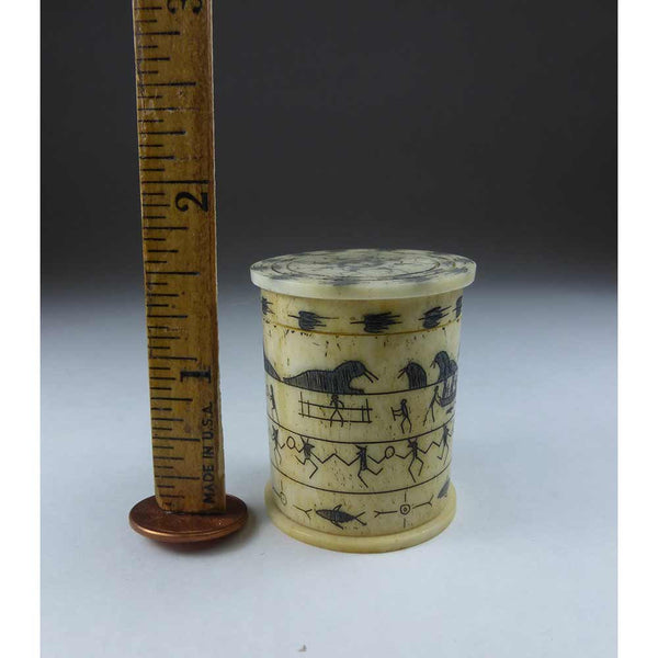 Bone Cylindrical Box with lid. Eskimo pictographs 