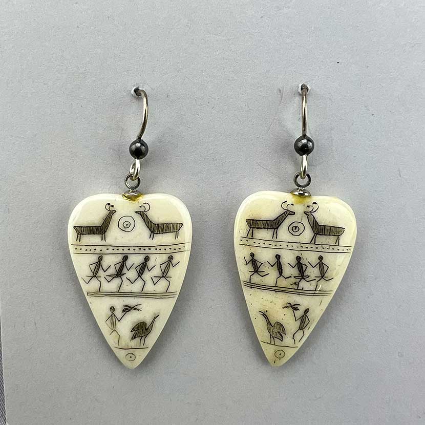 Scrimshawed Bone Heart Earrings with Eskimo Pictograph Caribou (SS)