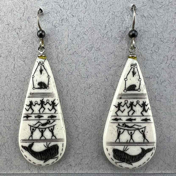 Scrimshawed Bone Teardrop Earrings with Eskimo Pictograph Dancers (SS)