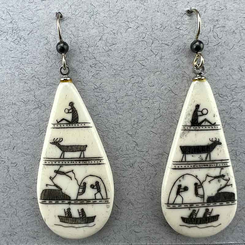 Scrimshawed Bone Teardrop Earrings with Eskimo Pictograph Drummer (SS)