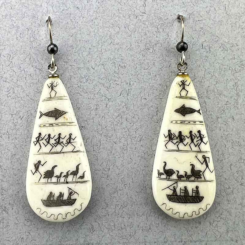 Scrimshawed Bone Teardrop Earrings with Eskimo Pictograph Man (SS)