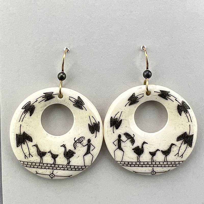 Scrimshawed Large Bone Hoop Earrings with Eskimo Pictographs