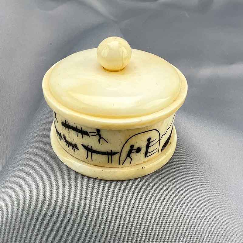 Tall Bone Cyl. Short Box with Scrimshawed Pictograph Scene 04