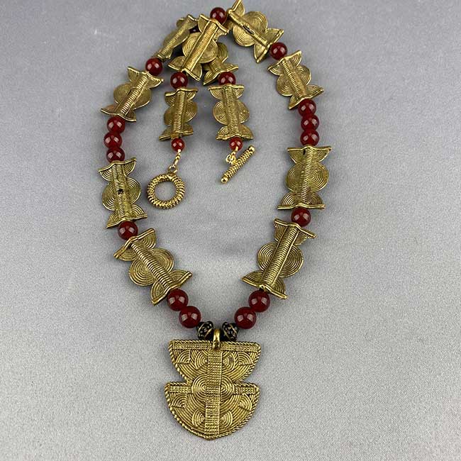 Vintage Tribal Brass and Carnelian Bead Necklace - 14